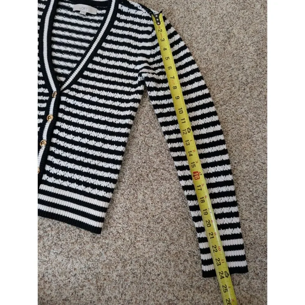 LOFT Pointelle Striped Cardigan Size XS Black White Stripe Gold Buttons Crochet